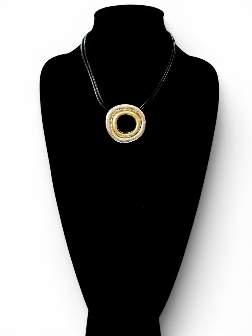 CHICO'S NWT Leather Cord Gold Silver Circle Pendant Necklace